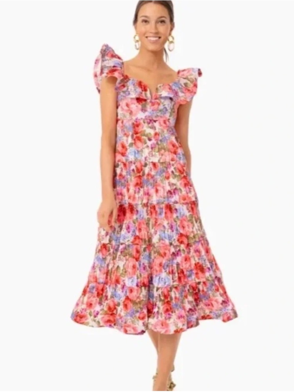 Beulah Pink Multi Floral Ruffle Midi Dress